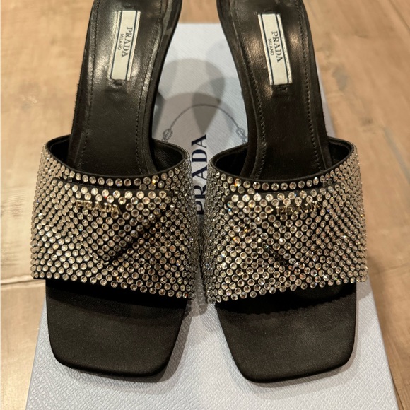 Prada - Satin Crystal Logo 65 mm Slide Sandal- Color: Black- Size: 37.5 - Picture 11 of 11